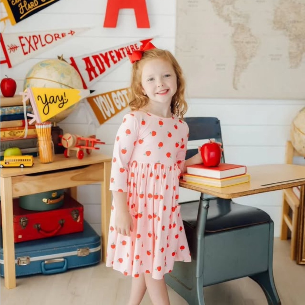 Dress & Bow: Mila & Rose An Apple a Day 3/4 Sleeve Pocket Twirl Dress